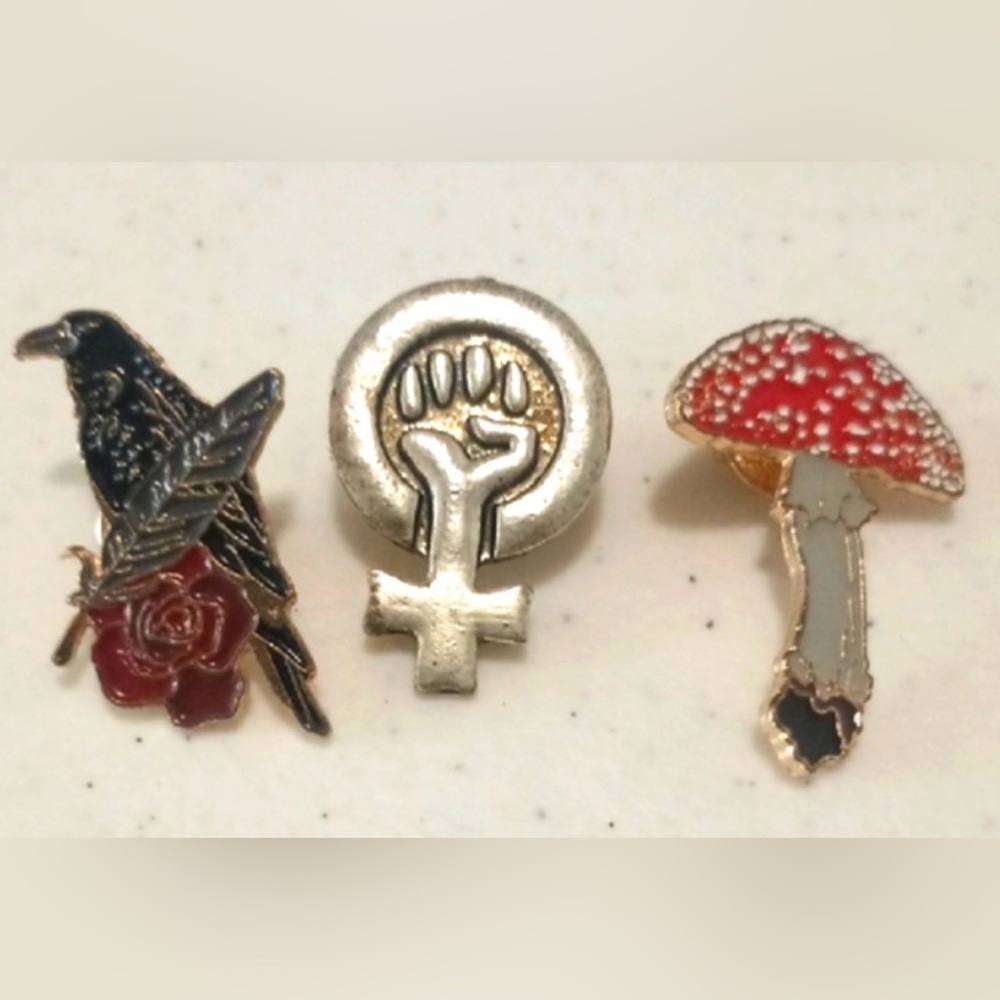 🍄🚺🐦‍⬛3 Amanita Red Mushroom Raven Feminist Symbol Pins